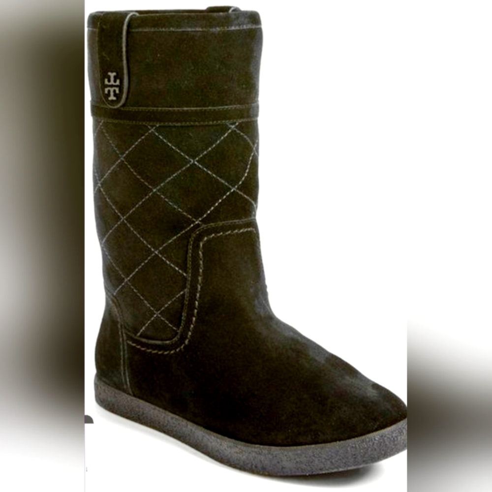 $325 Tory Burch Alana Genuine Suede Shearling Boots Split Pull On Black US6 - Picture 2 of 16